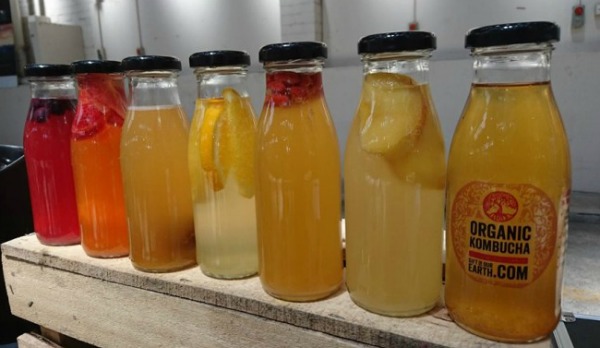 Glass bottles of probiotic-filled Kombucha drinks made by Capital Region farmers Market stallholder Gift Of Our Earth
